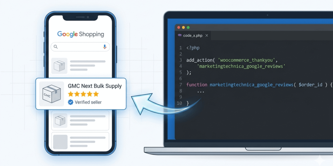 Technical diagram showing WooCommerce PHP code connecting to Google Shopping Seller Ratings