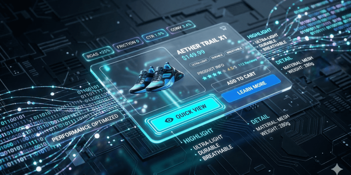 A high-tech digital rendering of an optimized Google Shopping 'Quick View' interface card showing technical data.