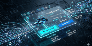 A high-tech digital rendering of an optimized Google Shopping 'Quick View' interface card showing technical data.