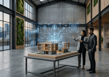 A conceptual visualization of real estate tokenization, showing a modern industrial property model in a minimalist architecture setting with floating holographic data points.