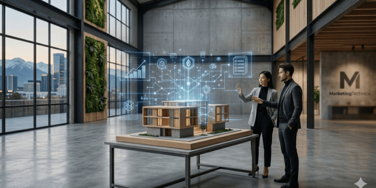 A conceptual visualization of real estate tokenization, showing a modern industrial property model in a minimalist architecture setting with floating holographic data points.